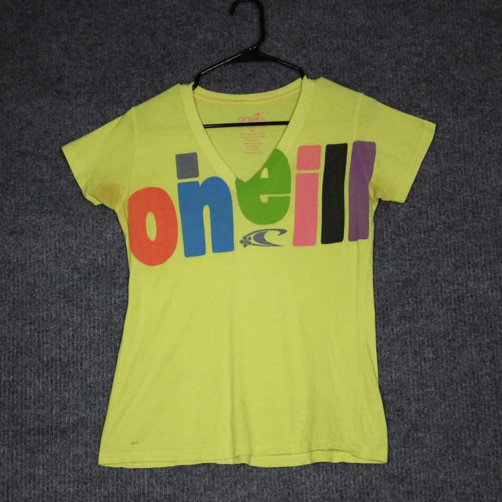 ONeill Womens Yellow V Neck T Shirt Logo Graphic Cotton Size M Y2K